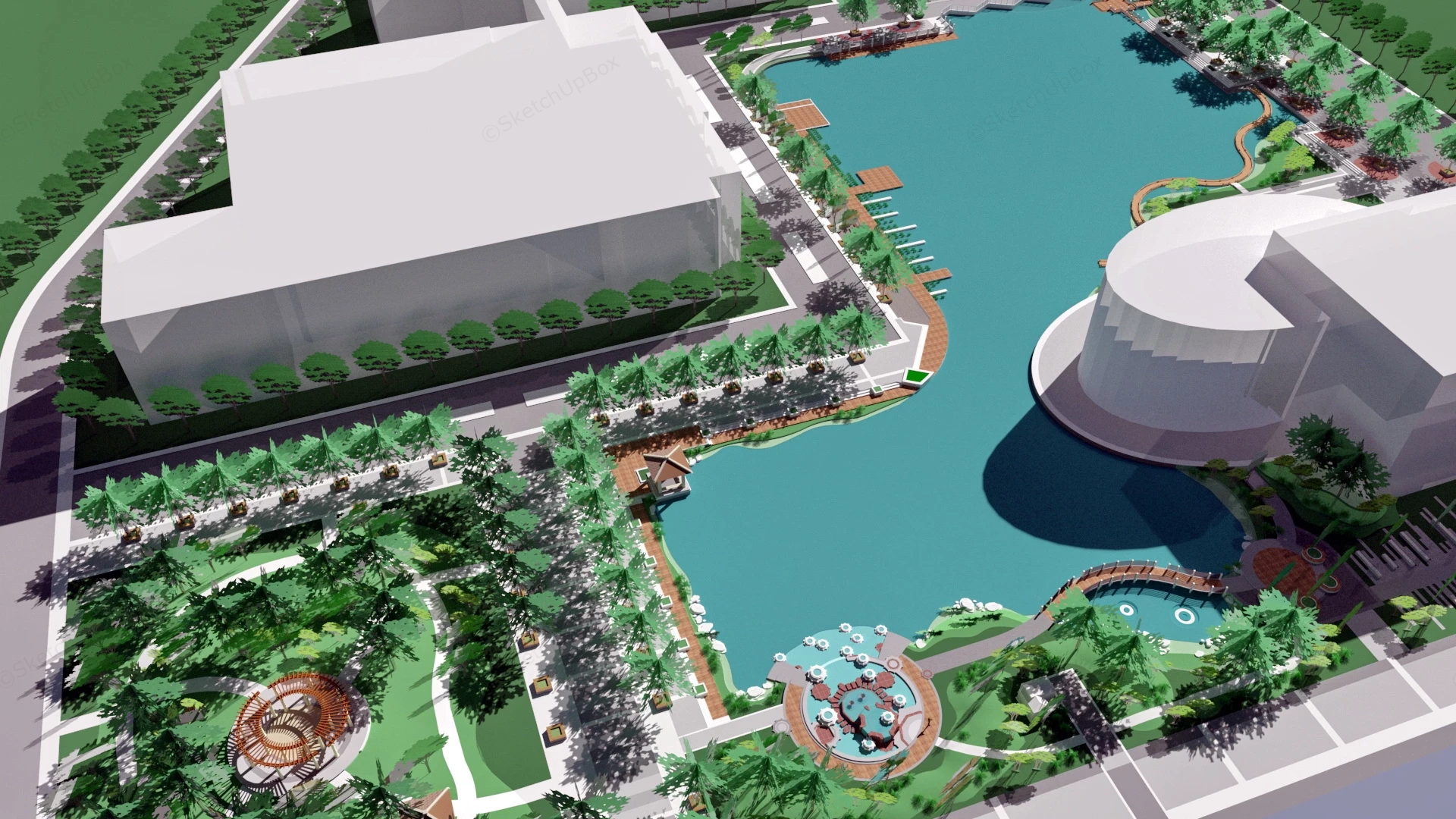 Urban Lake Landscape sketchup model preview - SketchupBox