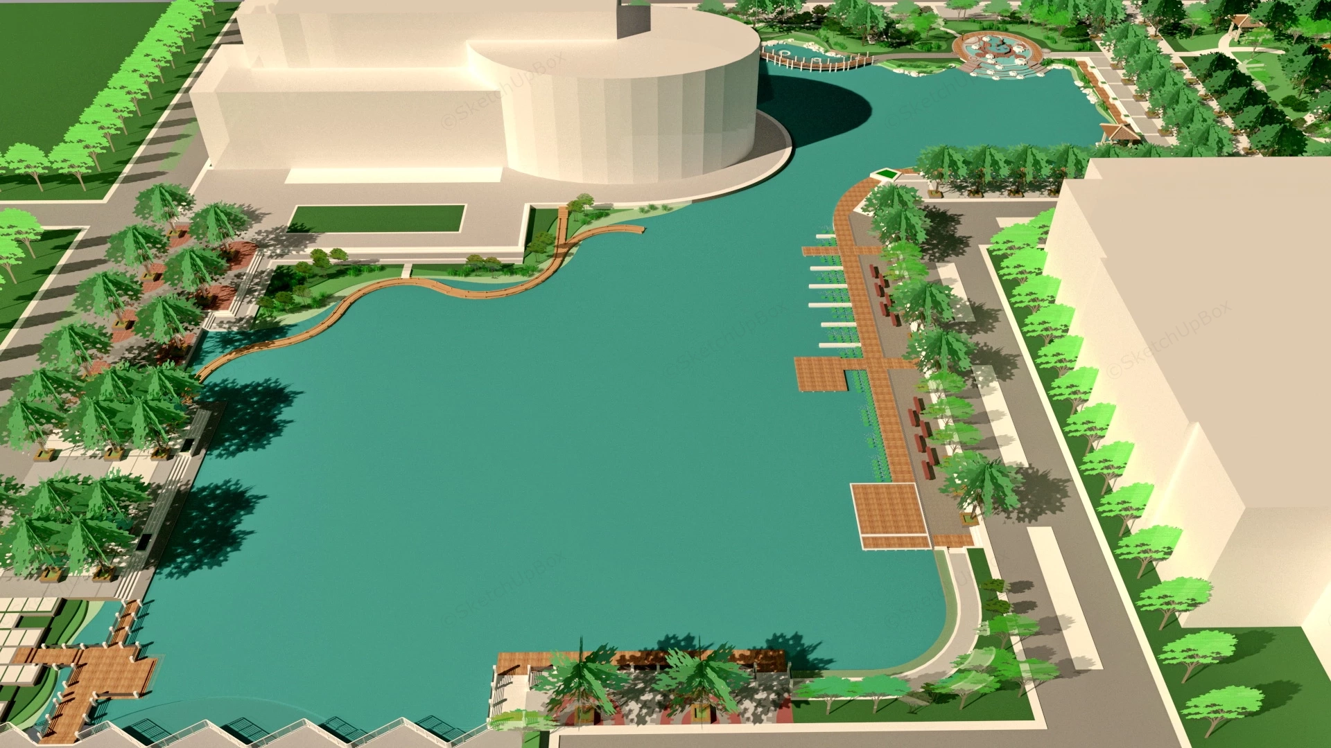 Urban Lake Landscape sketchup model preview - SketchupBox