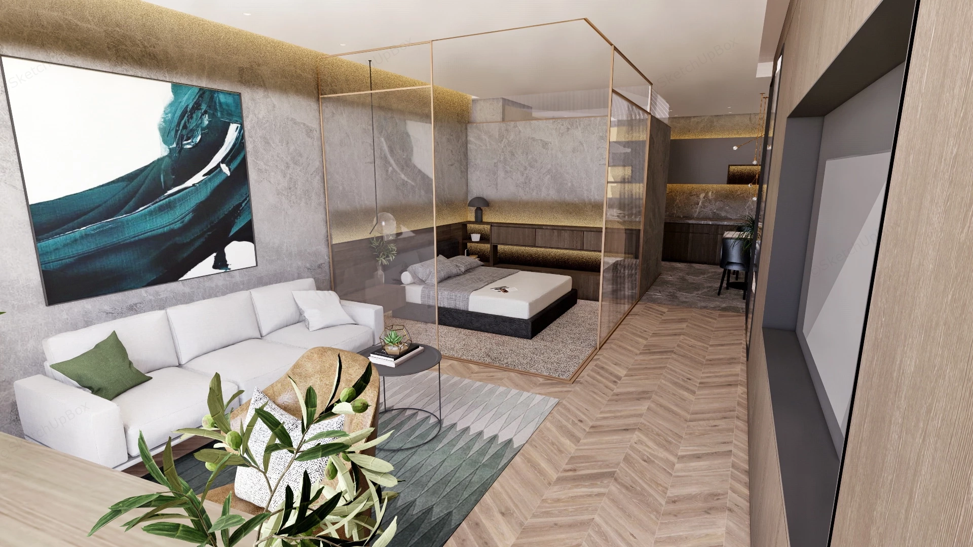Modern Single Apartment Interior Design sketchup model preview - SketchupBox