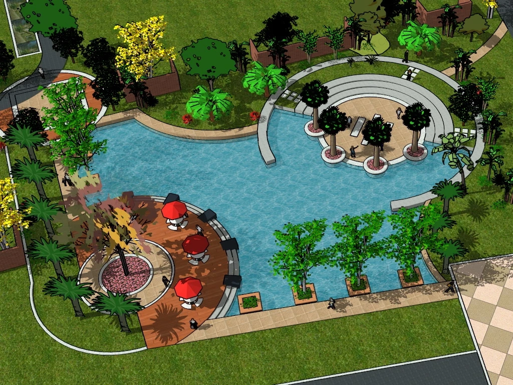 Pond Plaza Landscaping Design sketchup model preview - SketchupBox