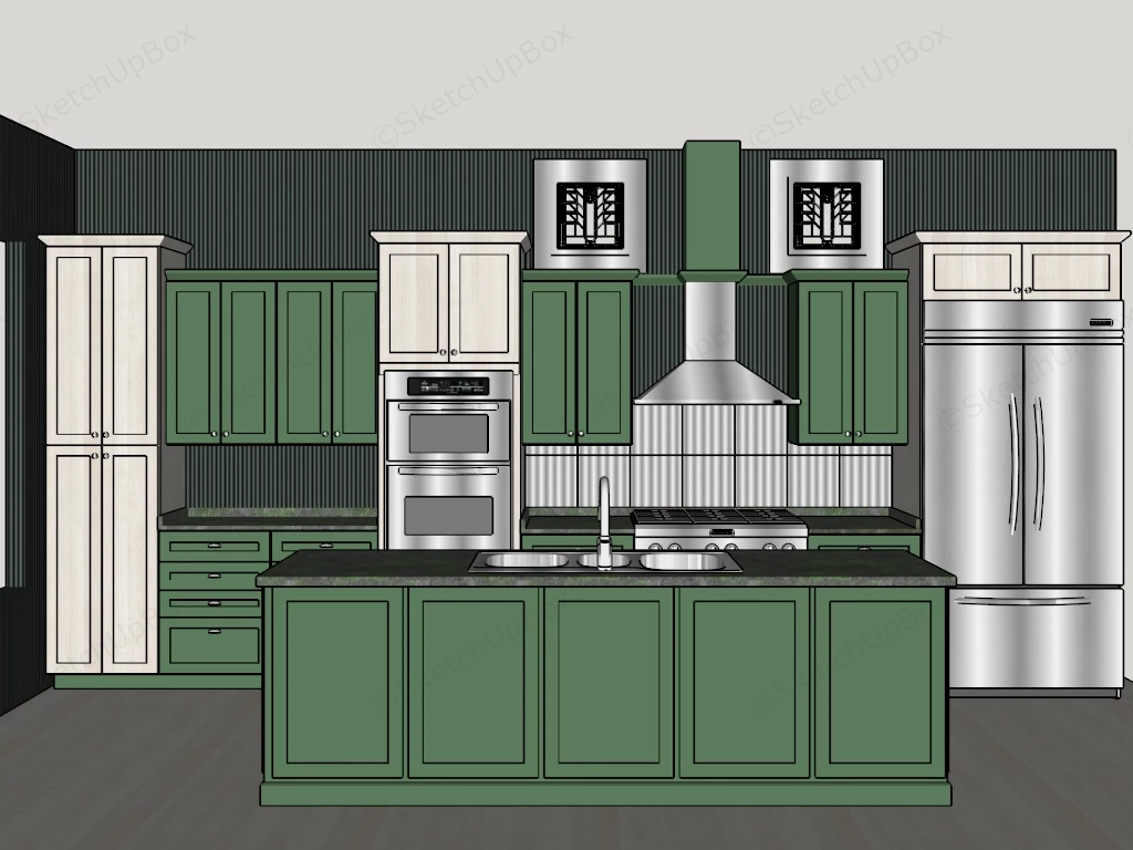 Green Kitchen Cabinet And Island sketchup model preview - SketchupBox