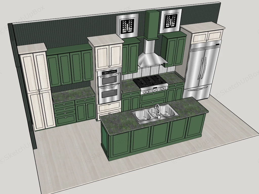 Green Kitchen Cabinet And Island sketchup model preview - SketchupBox