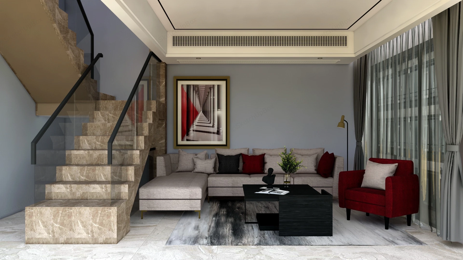 Living Room With Stairs Interior Design sketchup model preview - SketchupBox