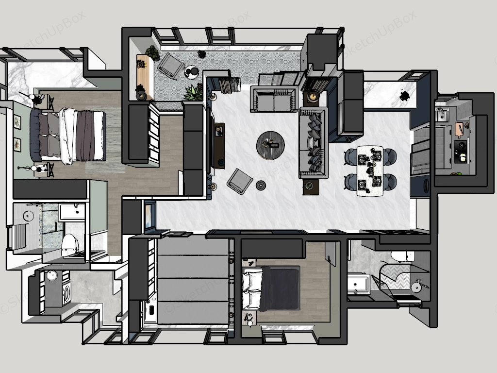 2 Bedroom House Interior Design sketchup model preview - SketchupBox
