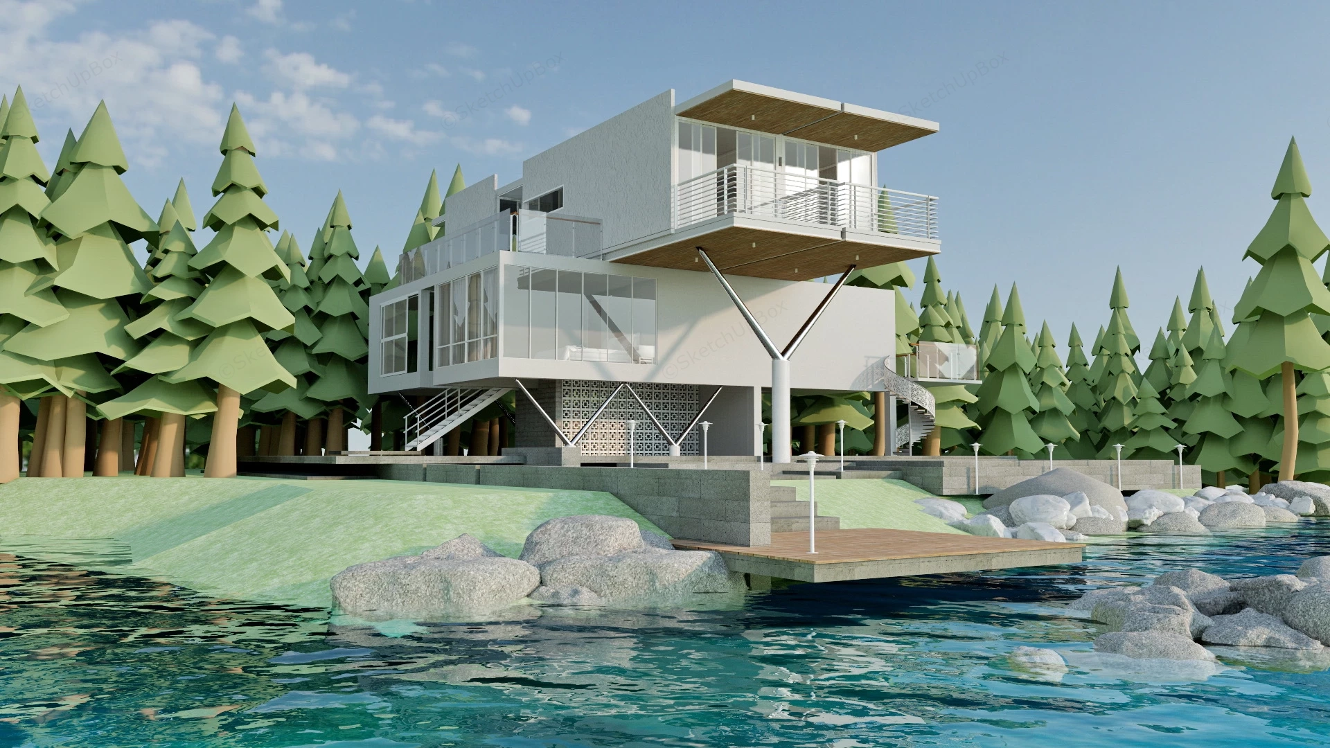 Modern Waterfront House sketchup model preview - SketchupBox