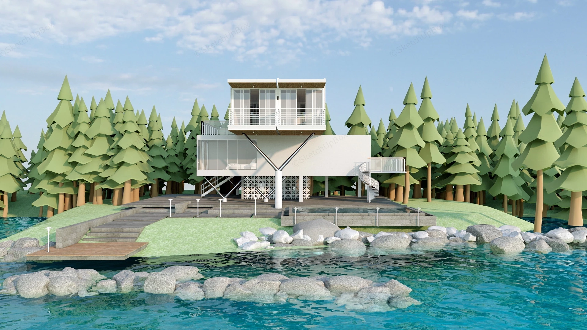 Modern Waterfront House sketchup model preview - SketchupBox