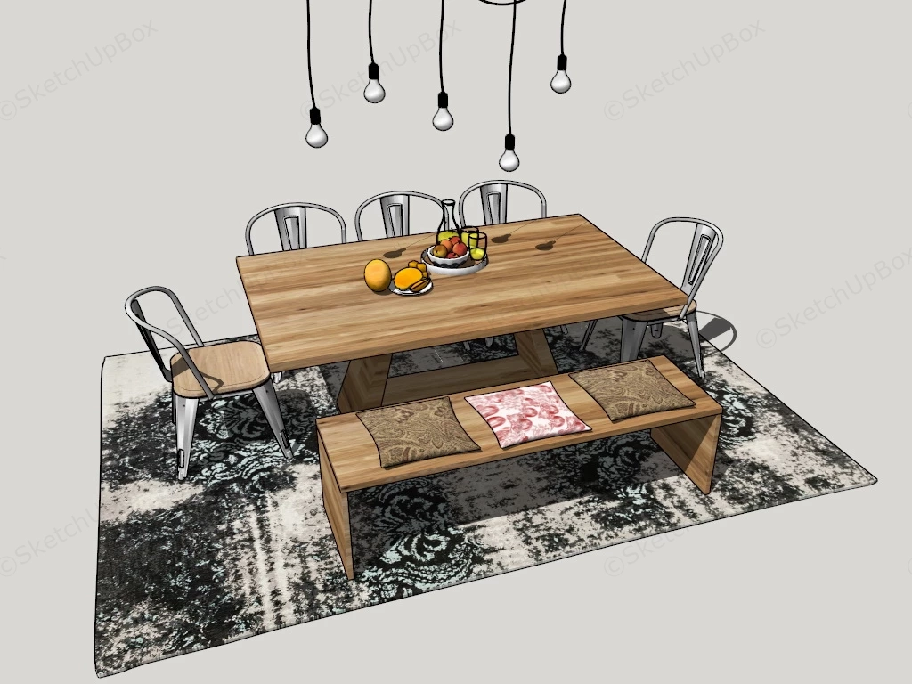 Rustic Wood Dining Table Set sketchup model preview - SketchupBox