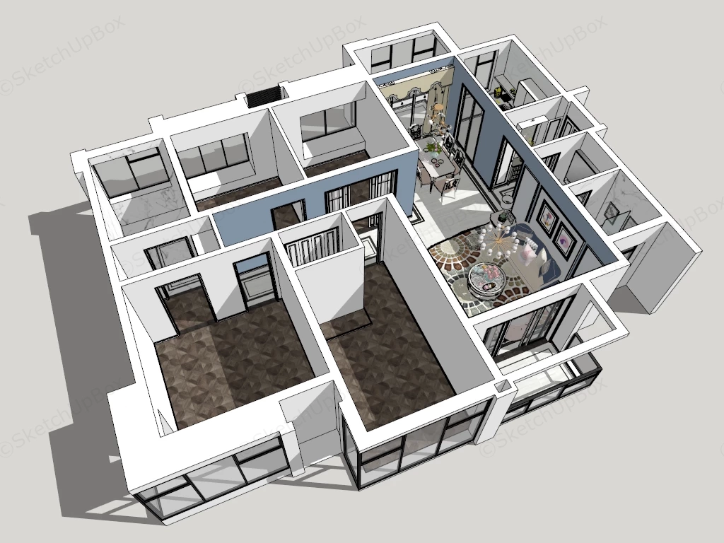 4 Bedroom Apartment House Plan sketchup model preview - SketchupBox