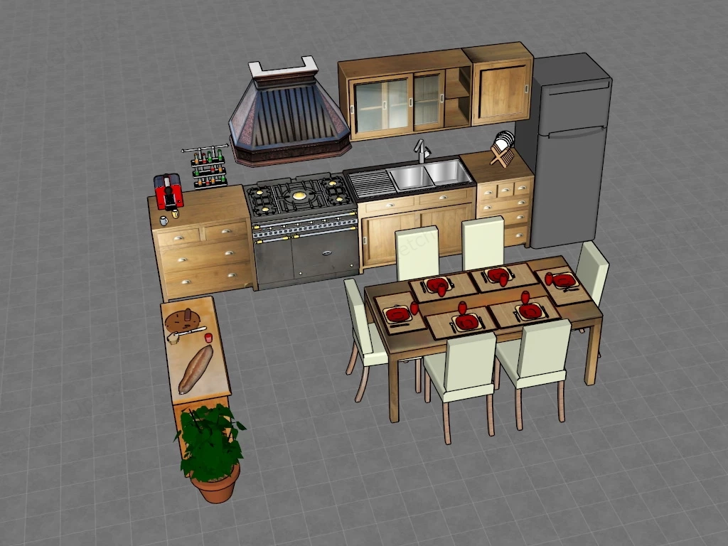 Retro Kitchen Cabinet And Dining Set sketchup model preview - SketchupBox