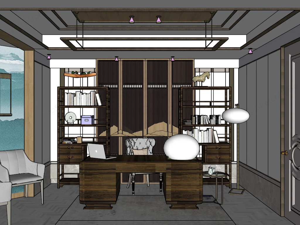 Asian Style Home Office sketchup model preview - SketchupBox