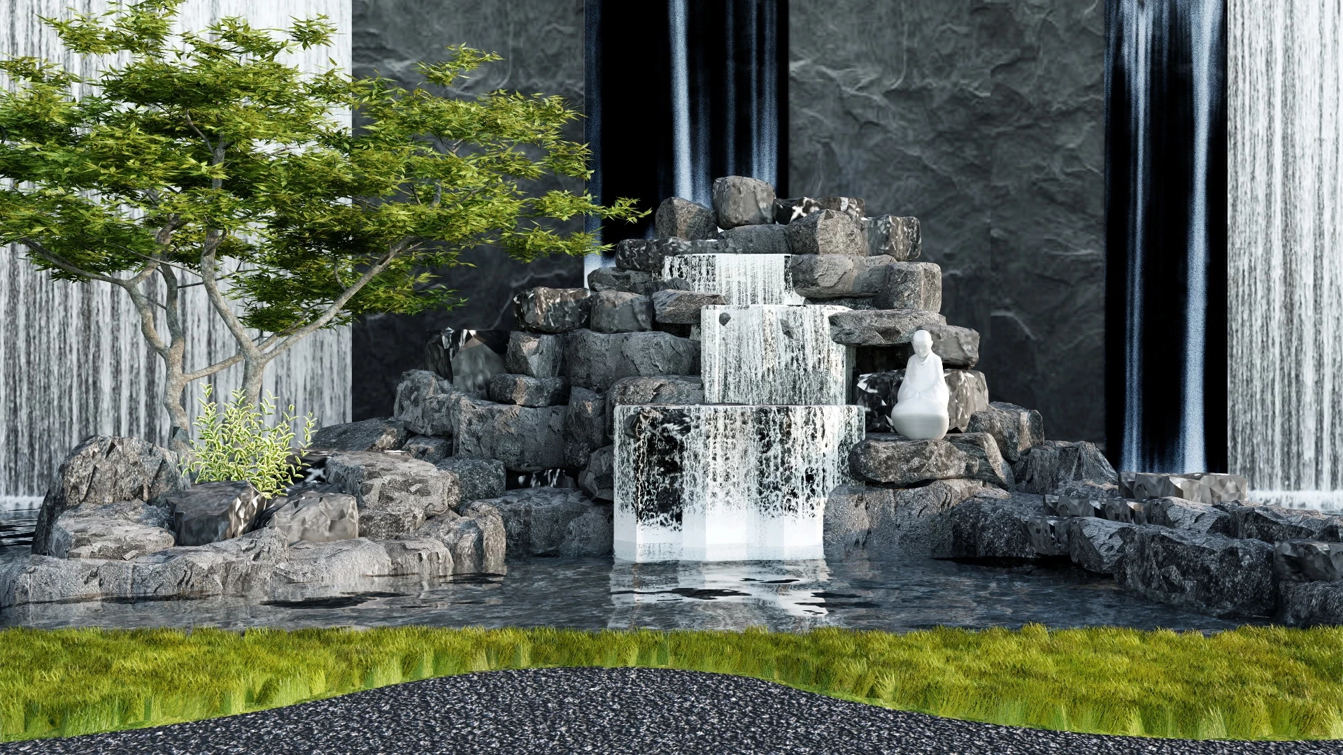 Peaceful Zen Garden Waterfall sketchup model preview - SketchupBox