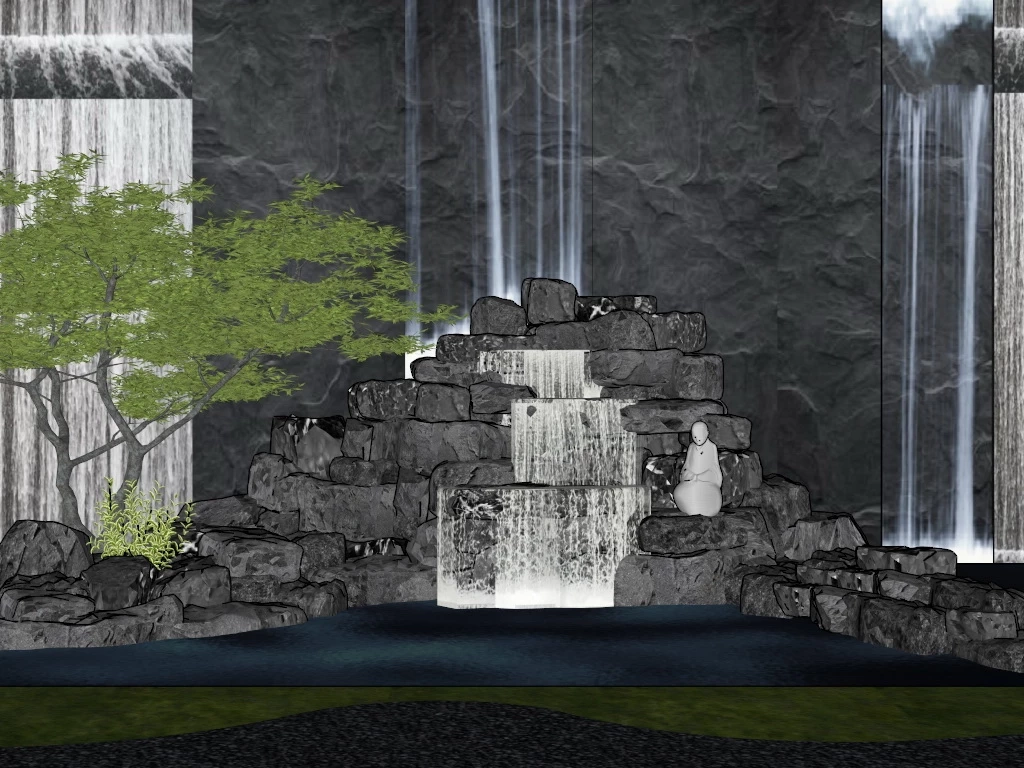 Peaceful Zen Garden Waterfall sketchup model preview - SketchupBox