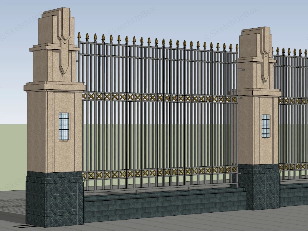 Metal Fence With Stone Pillars sketchup model preview - SketchupBox
