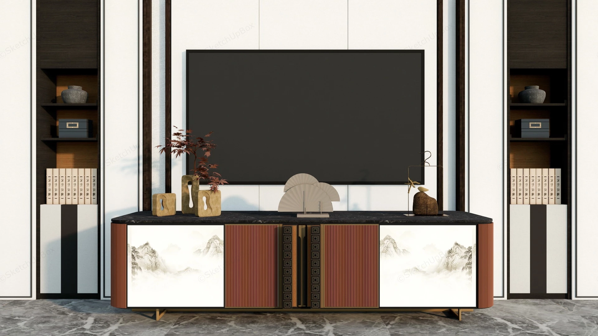 Chinese Style Tv Wall Unit sketchup model preview - SketchupBox