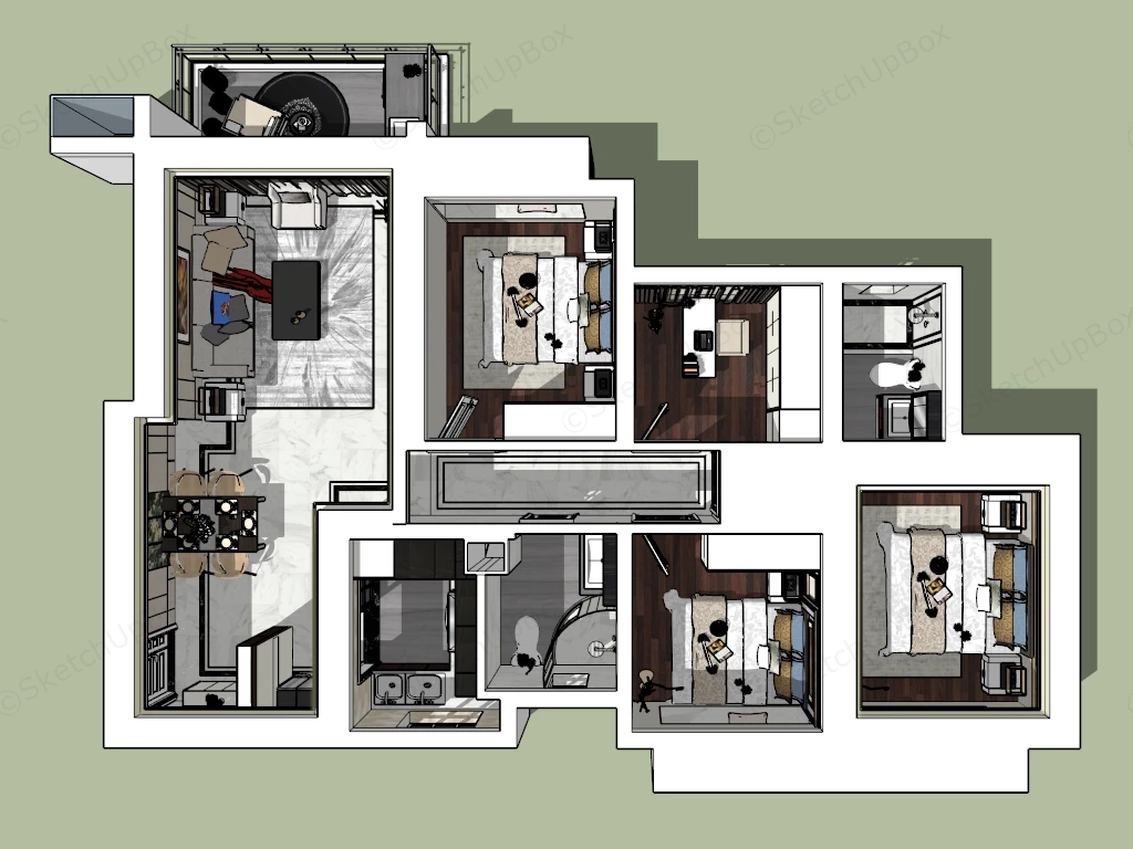 3 Bedroom Apartment Plan sketchup model preview - SketchupBox