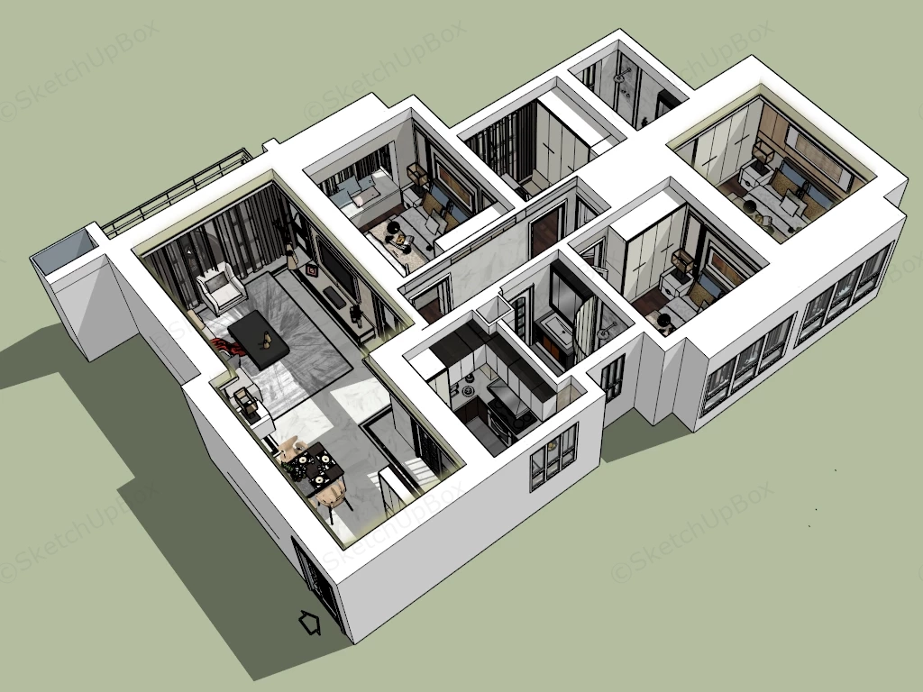 3 Bedroom Apartment Plan sketchup model preview - SketchupBox