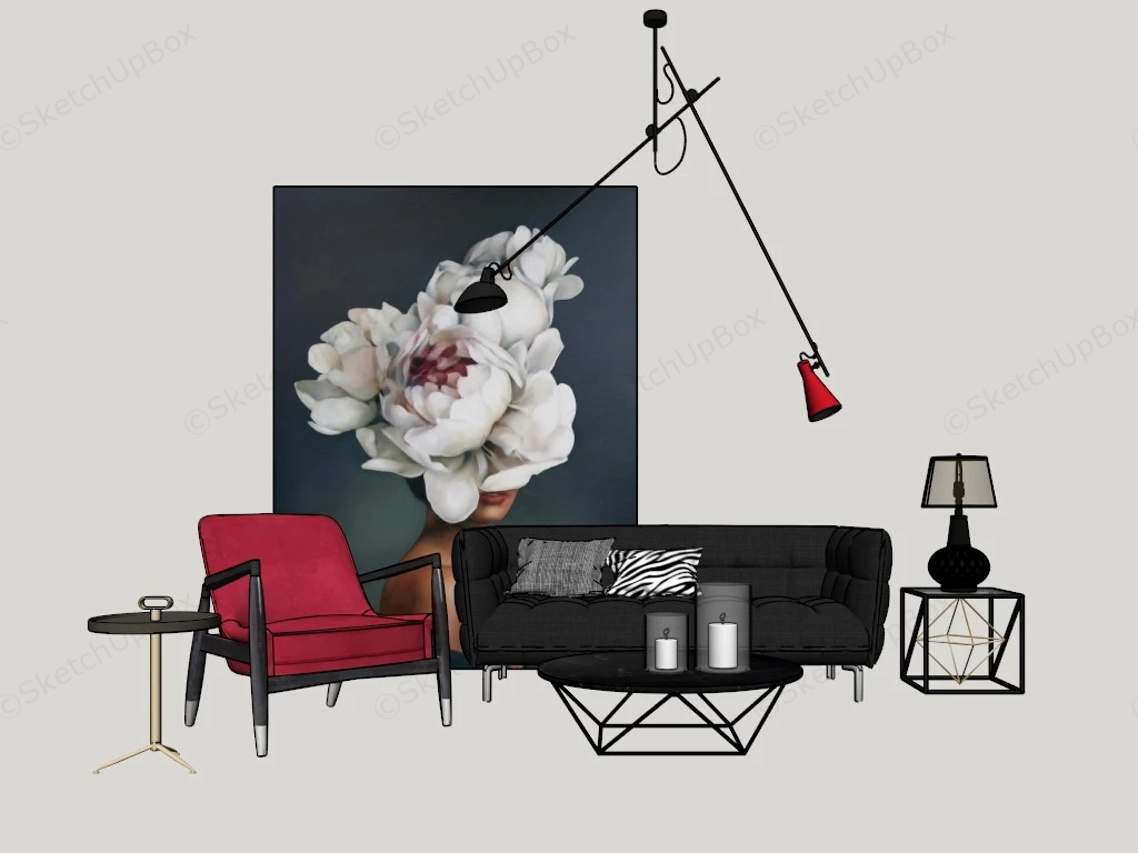 Black And Red Chic Living Room Set sketchup model preview - SketchupBox