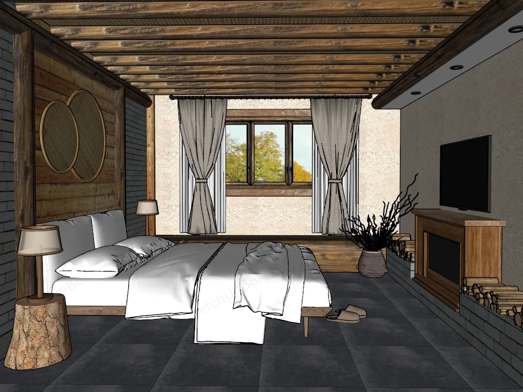 Rustic Cabin Bedroom sketchup model preview - SketchupBox