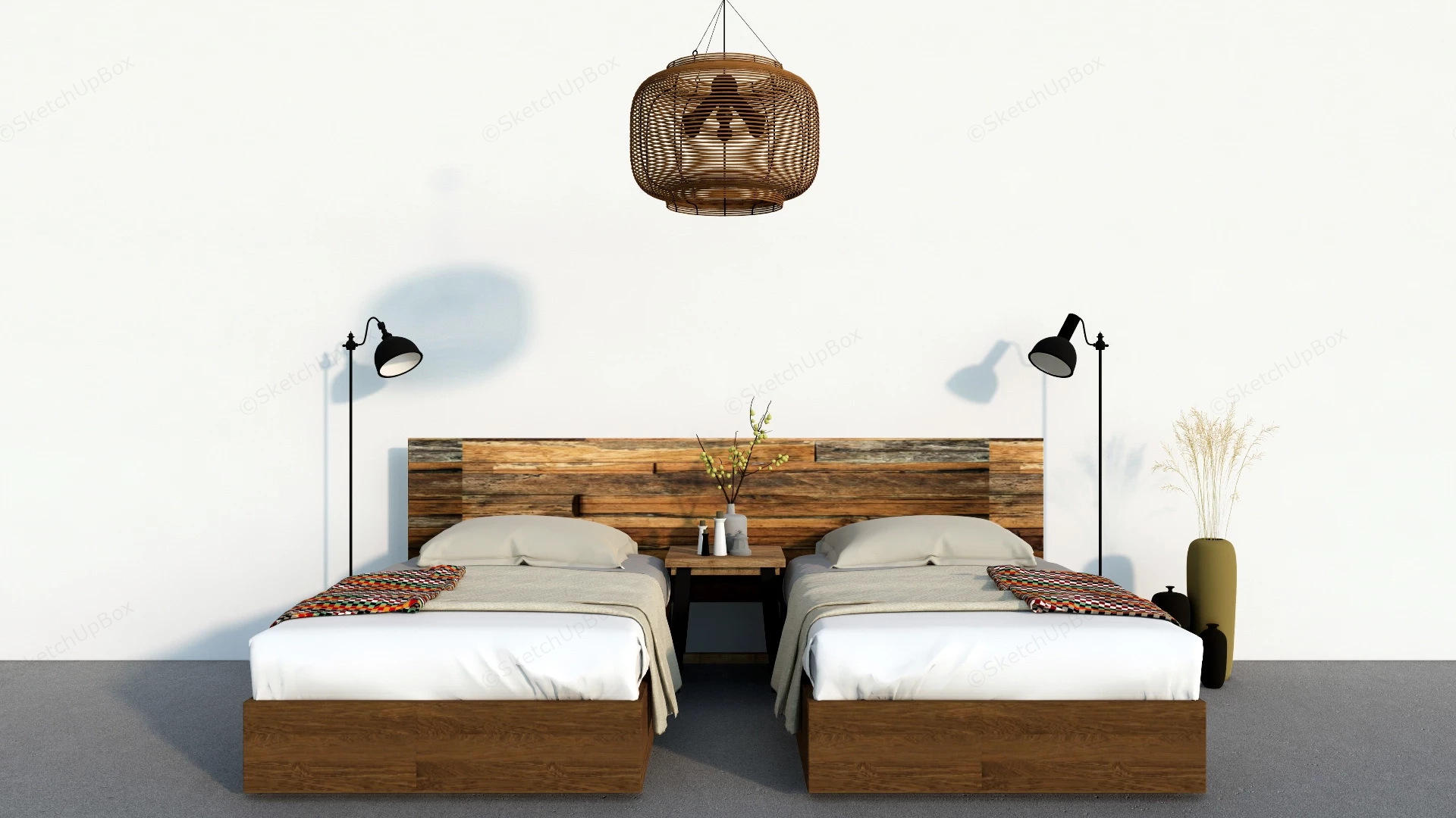 Rustic Hotel Room Twin Beds sketchup model preview - SketchupBox