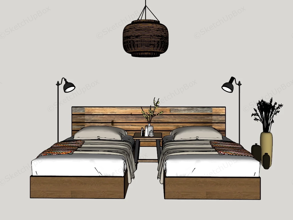 Rustic Hotel Room Twin Beds sketchup model preview - SketchupBox