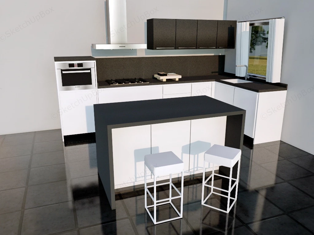 Small Black And White Kitchen With Island sketchup model preview - SketchupBox