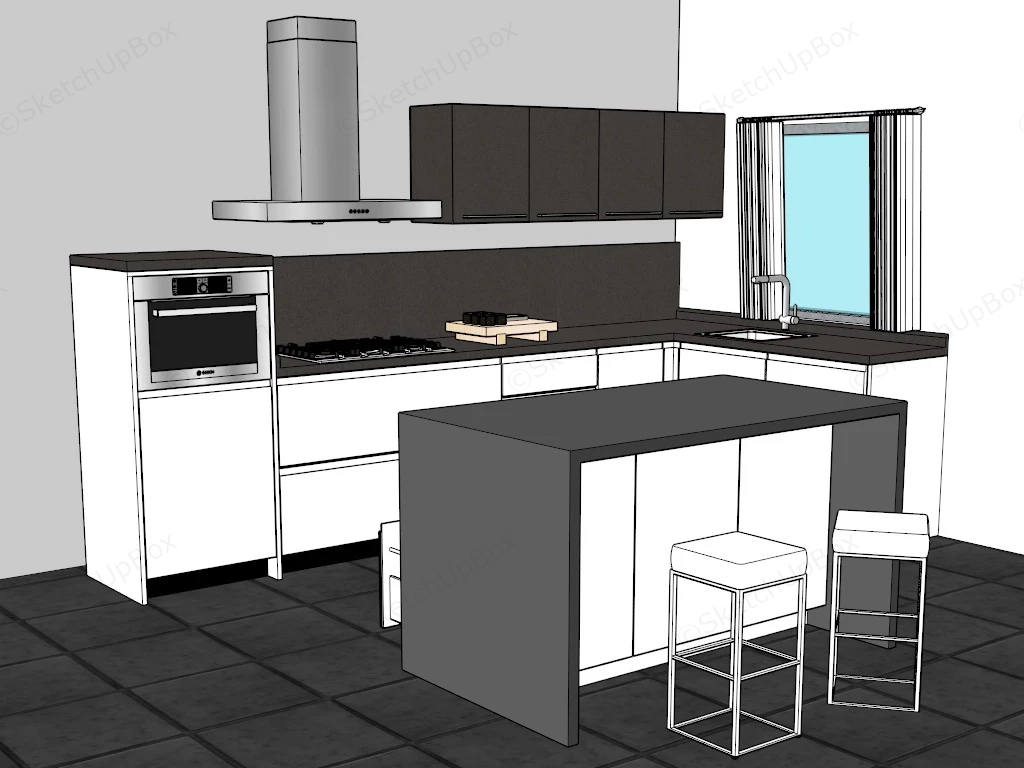 Small Black And White Kitchen With Island sketchup model preview - SketchupBox