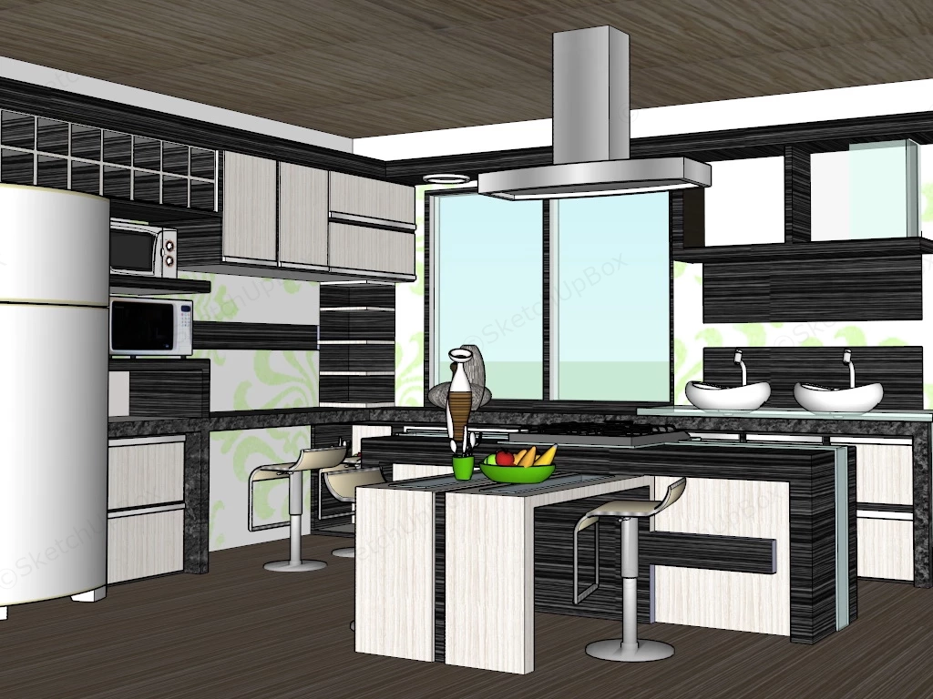 Modern Kitchen With Island And Breakfast Bar sketchup model preview - SketchupBox