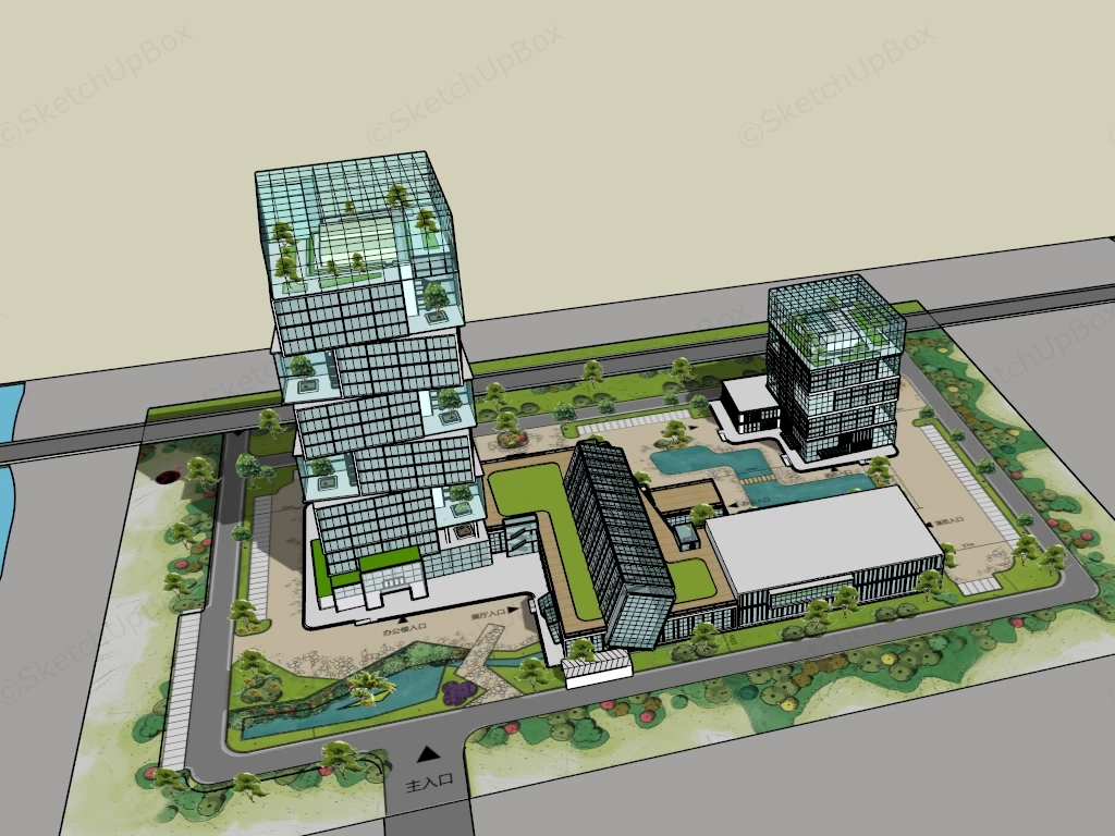 Modern Glass Office Buildings sketchup model preview - SketchupBox
