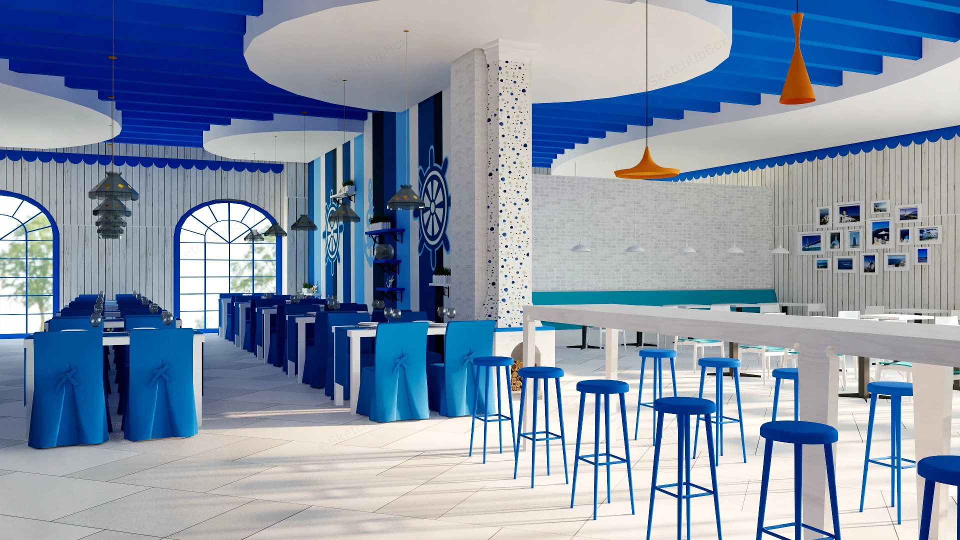 Blue And White Restaurant Design sketchup model preview - SketchupBox