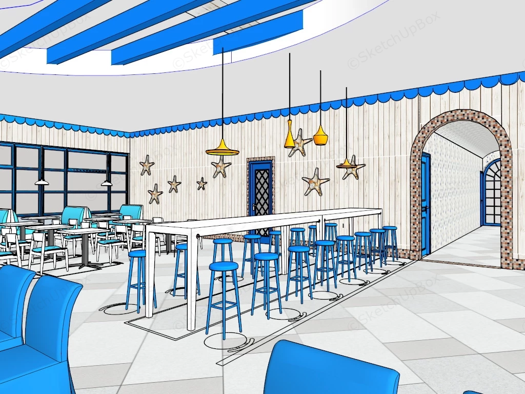 Blue And White Restaurant Design sketchup model preview - SketchupBox