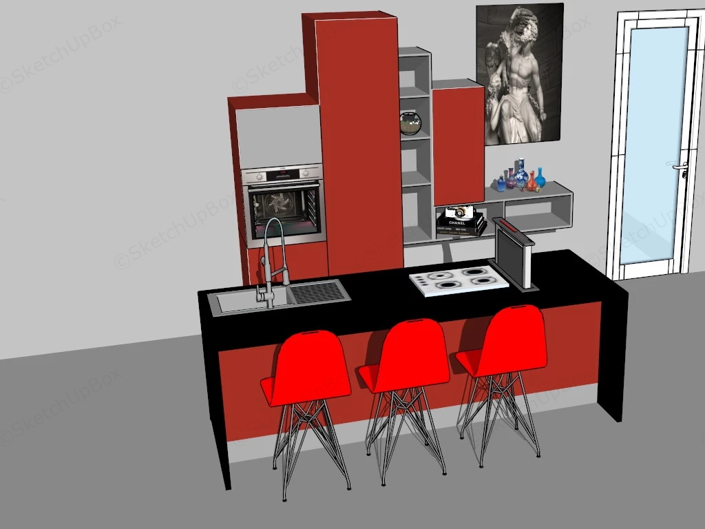 Red And Black Kitchen Island sketchup model preview - SketchupBox