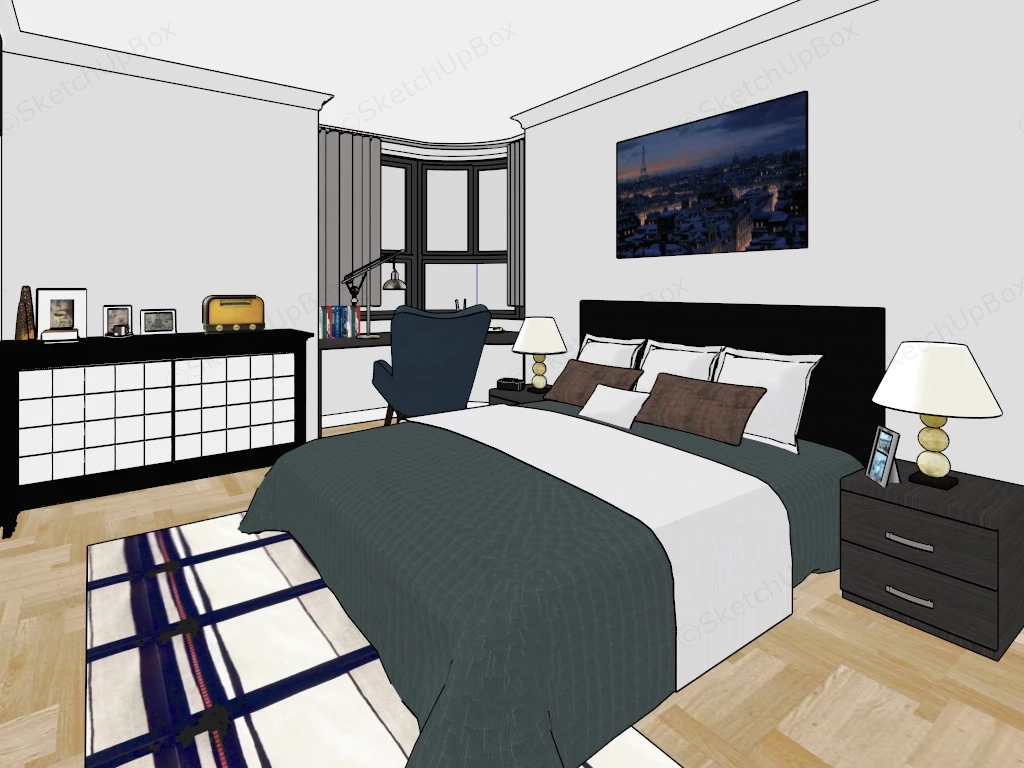 Small Bedroom With Desk sketchup model preview - SketchupBox