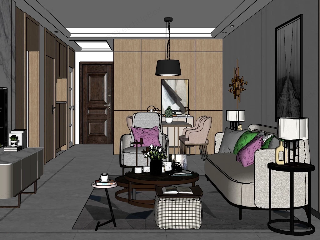 Living Room With Dining Area Idea sketchup model preview - SketchupBox