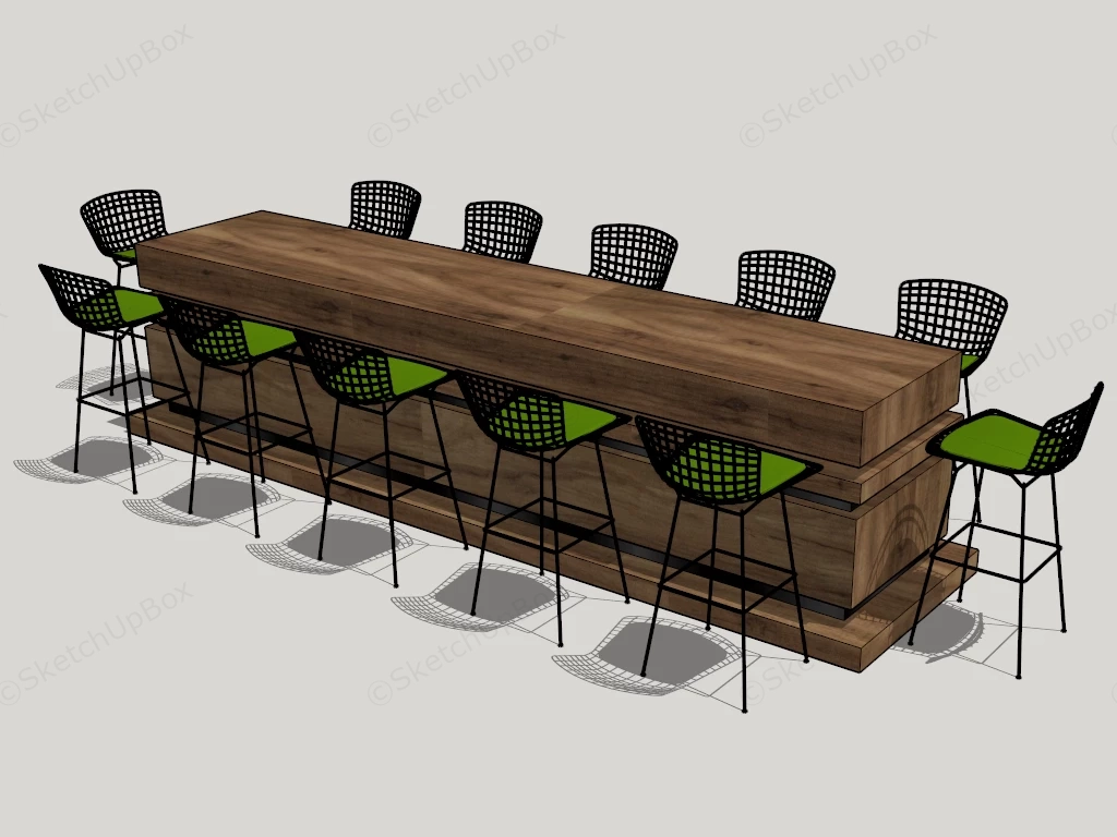 Rustic Wooden Bar Counter With Stools sketchup model preview - SketchupBox