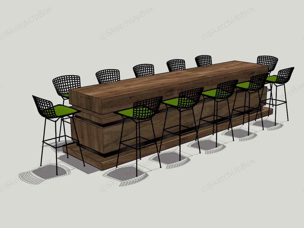 Rustic Wooden Bar Counter With Stools sketchup model preview - SketchupBox