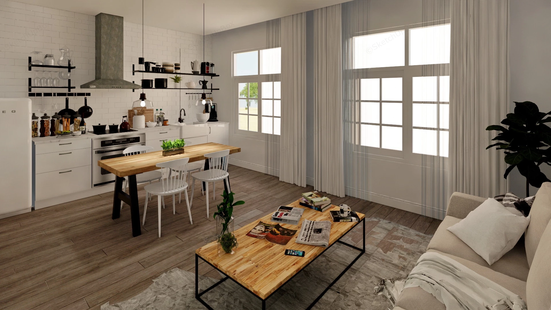 Retro Kitchen Dining And Living Room Combo sketchup model preview - SketchupBox