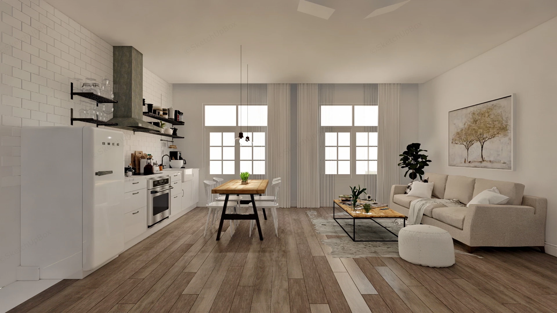 Retro Kitchen Dining And Living Room Combo sketchup model preview - SketchupBox