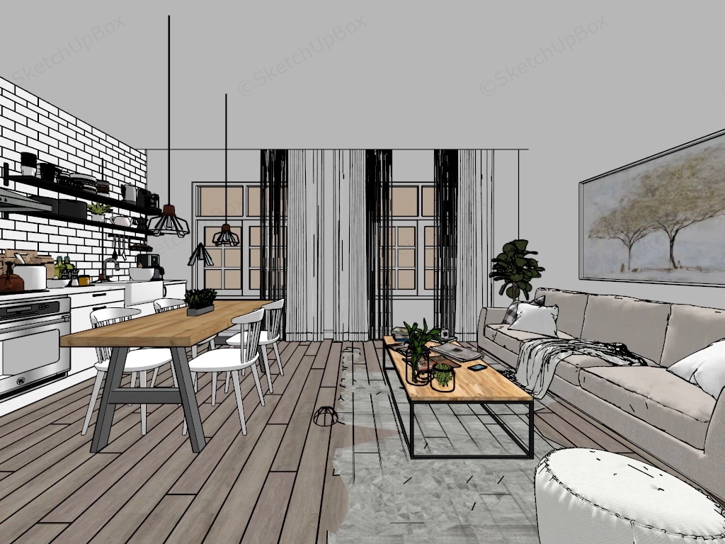Retro Kitchen Dining And Living Room Combo sketchup model preview - SketchupBox