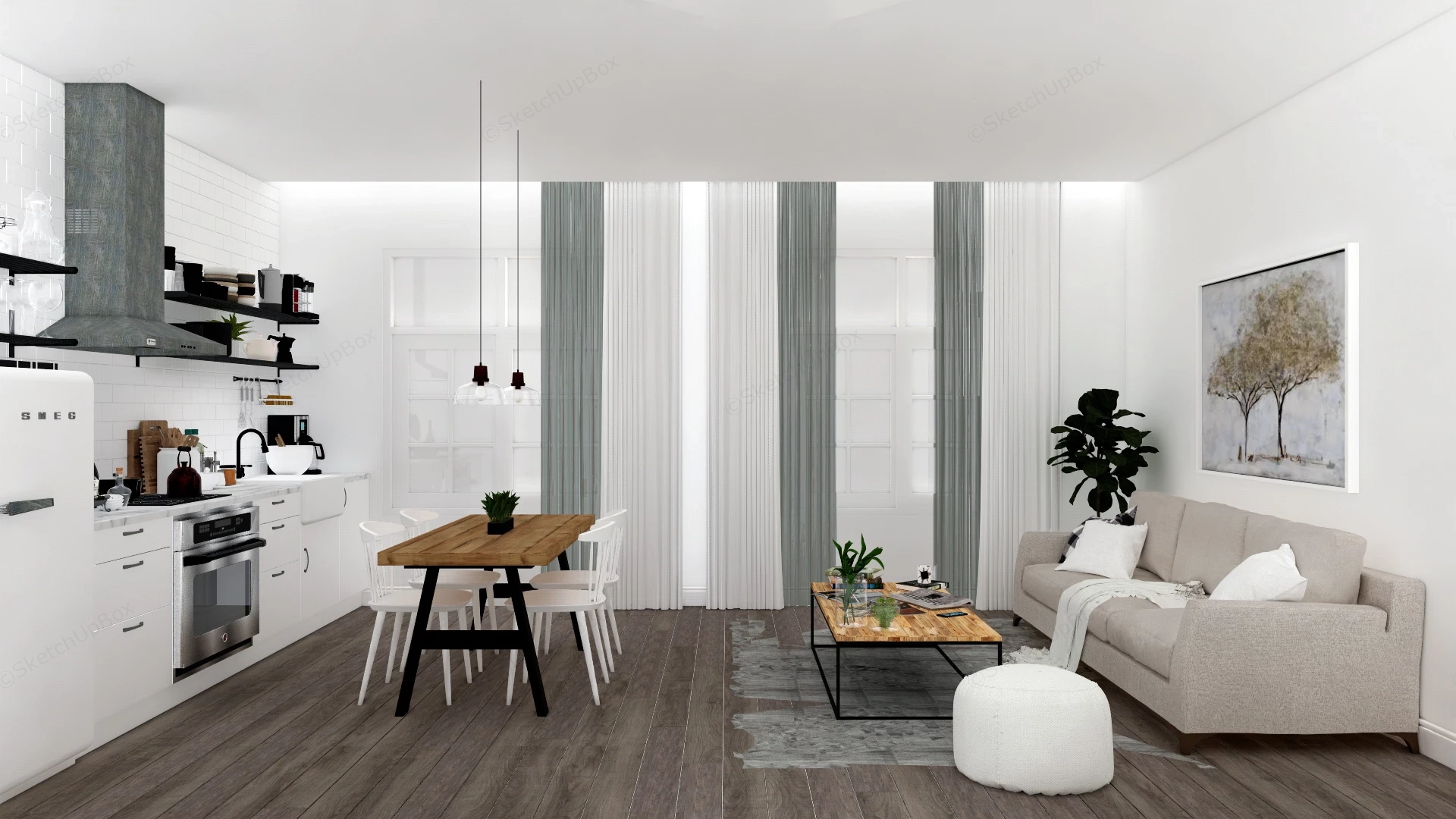 Living Room Dining Room Kitchen Combo sketchup model preview - SketchupBox