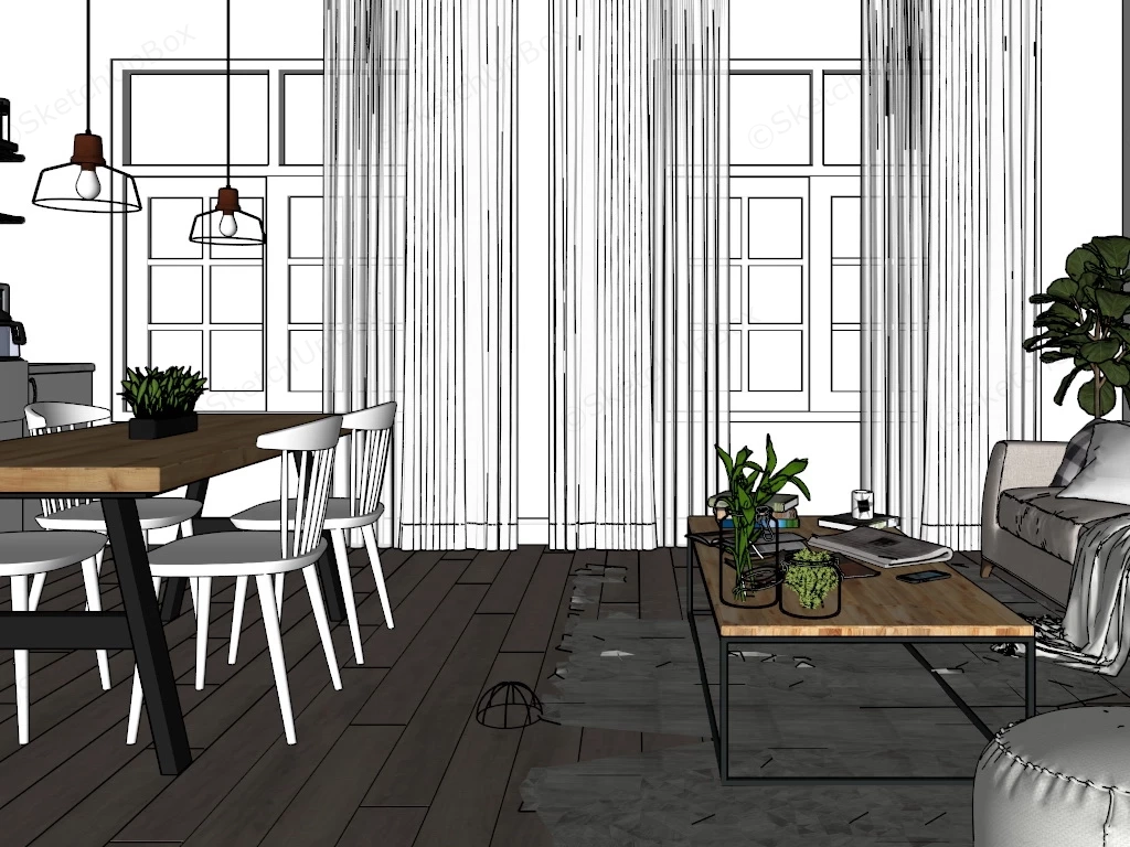 Living Room Dining Room Kitchen Combo sketchup model preview - SketchupBox