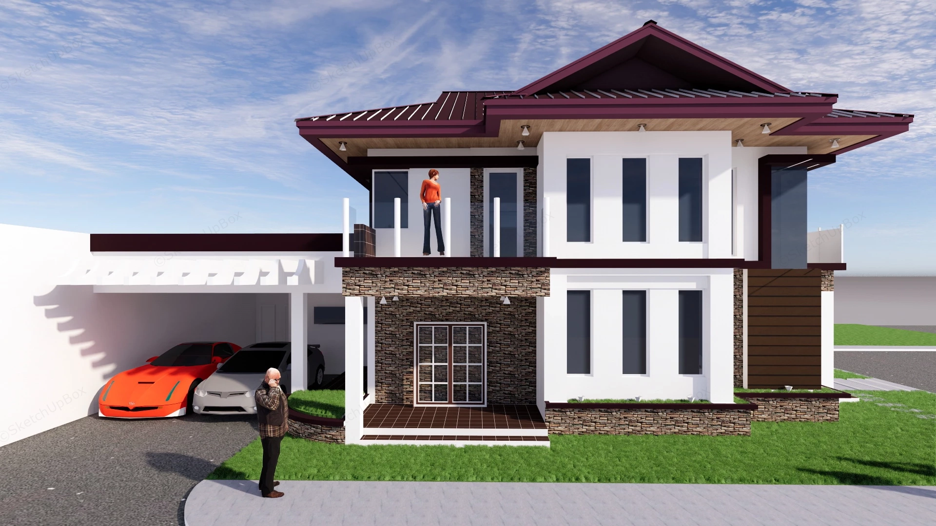 Modern Country 2 Story House sketchup model preview - SketchupBox