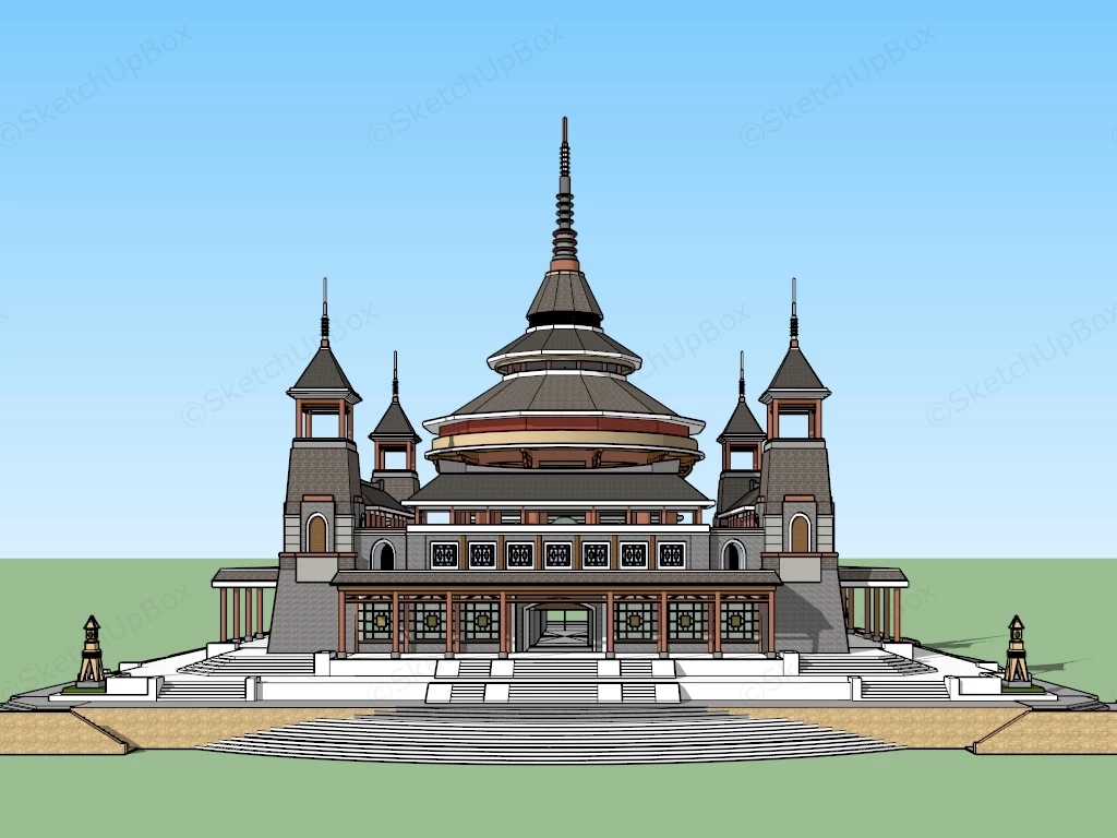 Oriental Temple Building sketchup model preview - SketchupBox