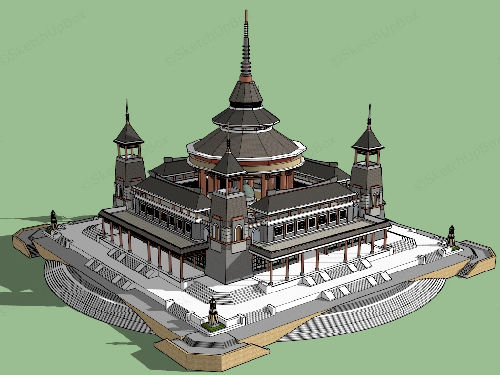 Oriental Temple Building sketchup model preview - SketchupBox