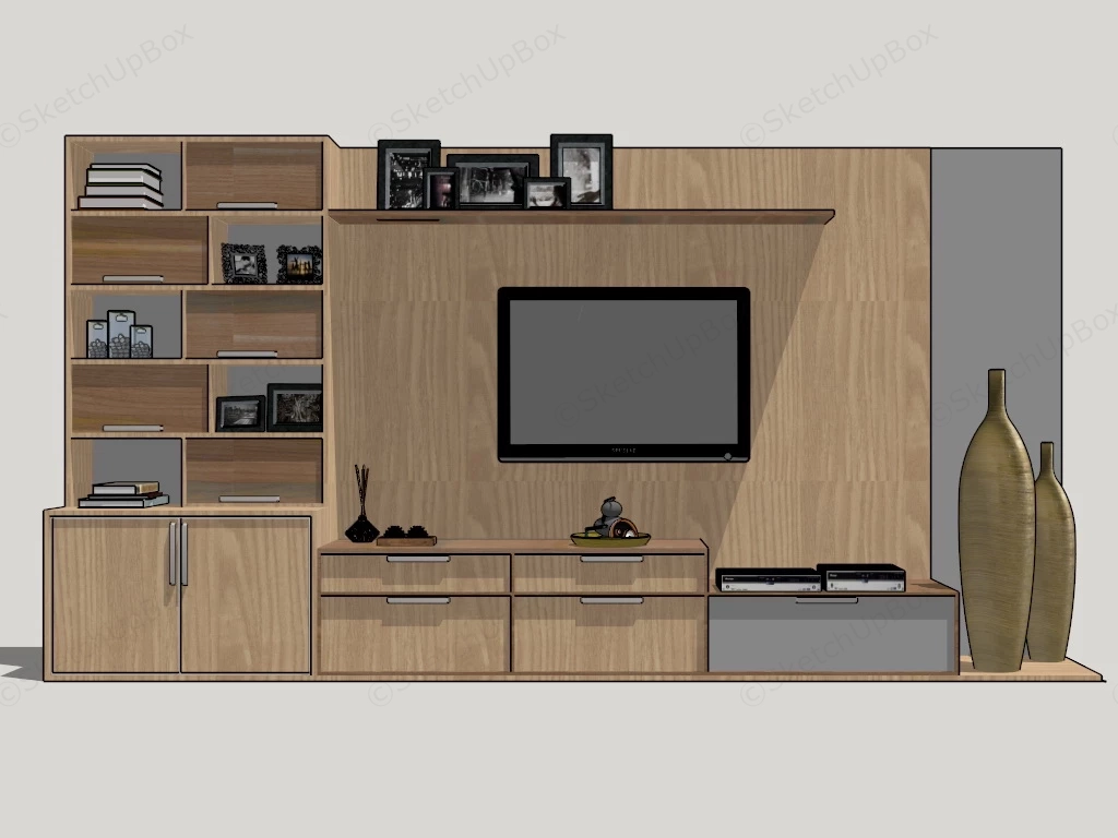 Wooden TV Wall Unit sketchup model preview - SketchupBox