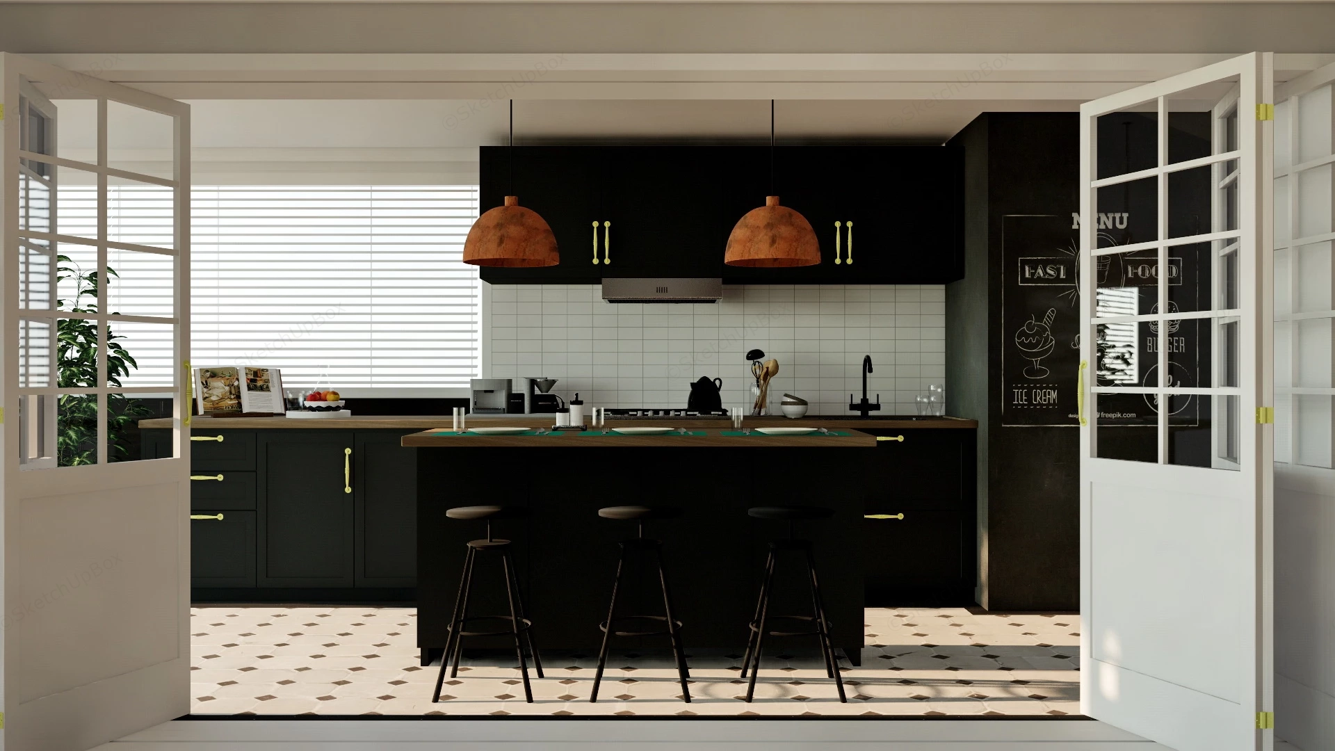 Straight Kitchen With Breakfast Bar sketchup model preview - SketchupBox