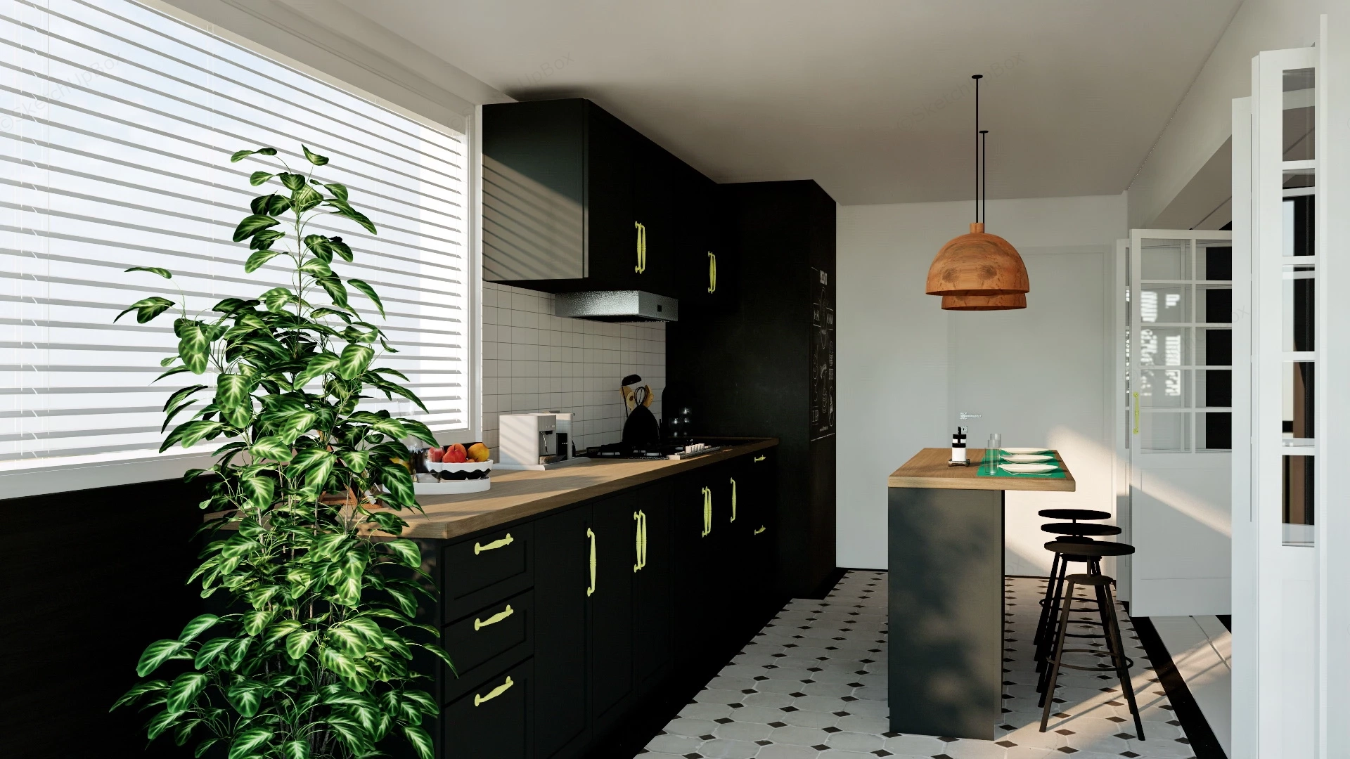 Straight Kitchen With Breakfast Bar sketchup model preview - SketchupBox