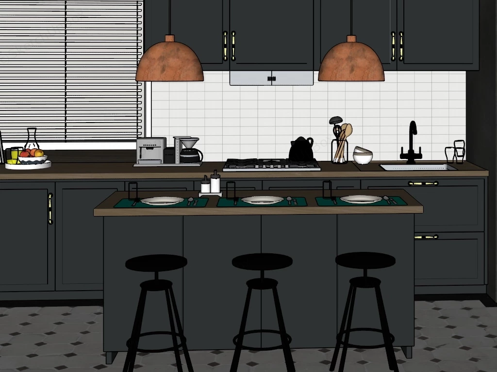 Straight Kitchen With Breakfast Bar sketchup model preview - SketchupBox