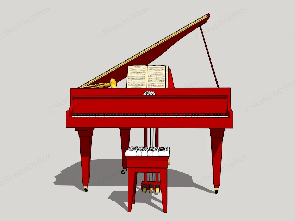 Red Grand Piano sketchup model preview - SketchupBox