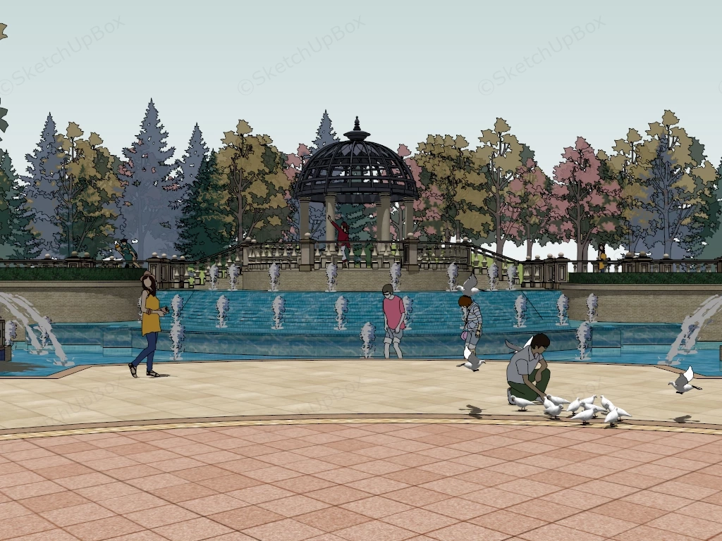 City Square With Fountain sketchup model preview - SketchupBox