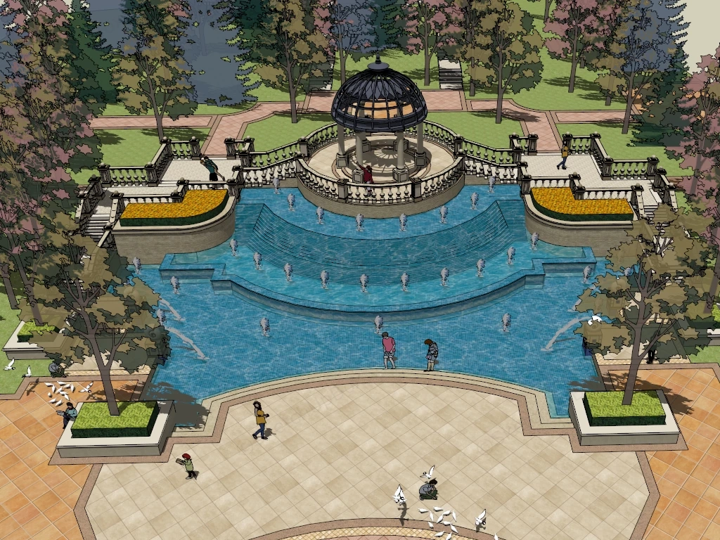 City Square With Fountain sketchup model preview - SketchupBox